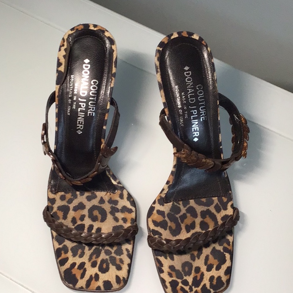 Donald J Pliner Womenโs Leopard Print Braided Strap Heels - Brown